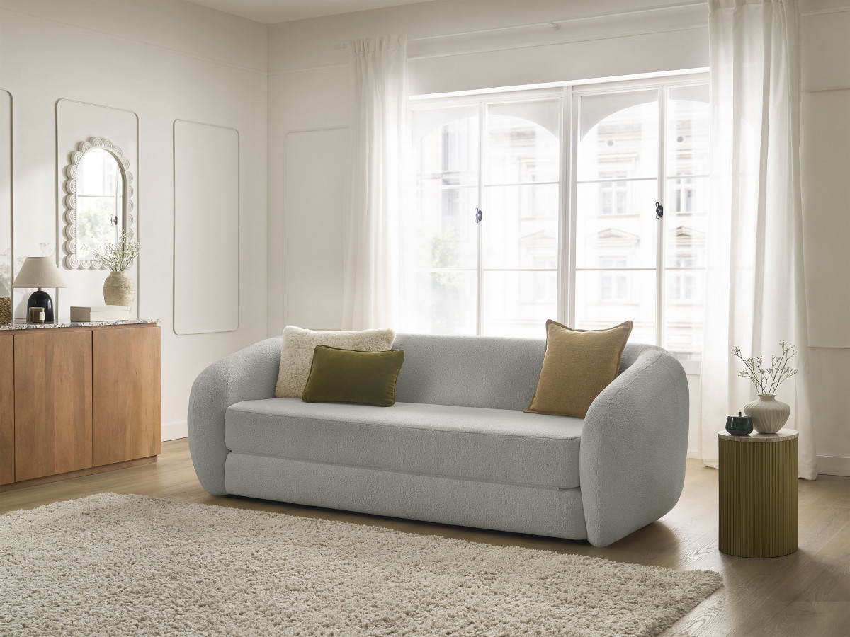 Bobochic Neyo Schlafsofa 3-Sitzer Bouclé-Stoff Hellgrau