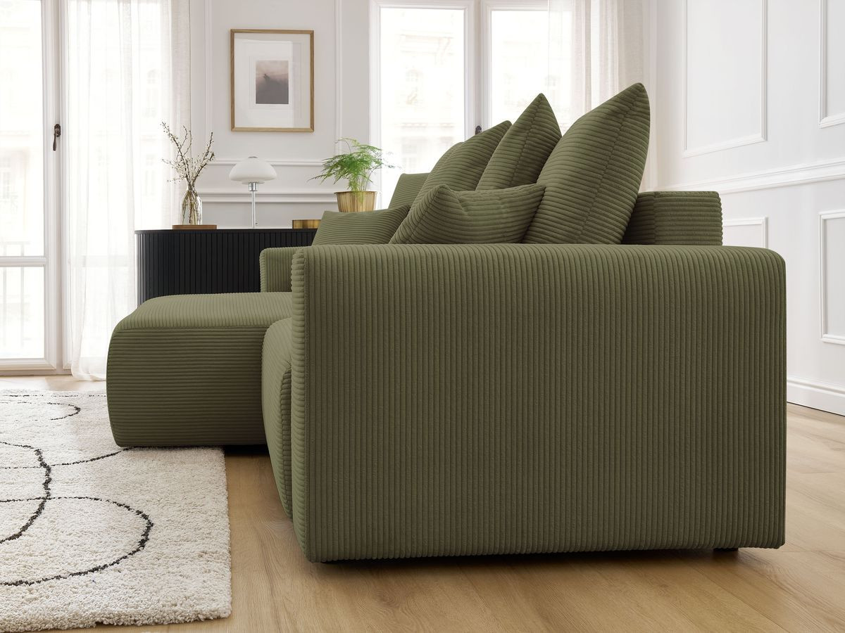 Bobochic Atilla Ecksofa mit Schlaffunktion und Bettkasten Cordsamt Hellgrün Ecke links