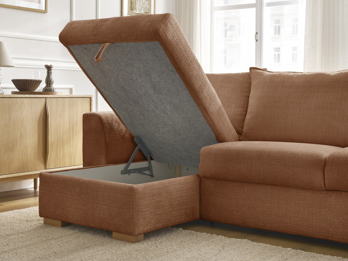 Bobochic Augustin Ecksofa mit Schlaffunktion und Bettkasten Strukturstoff Orange, Liegefläche 160 × 200 cm
