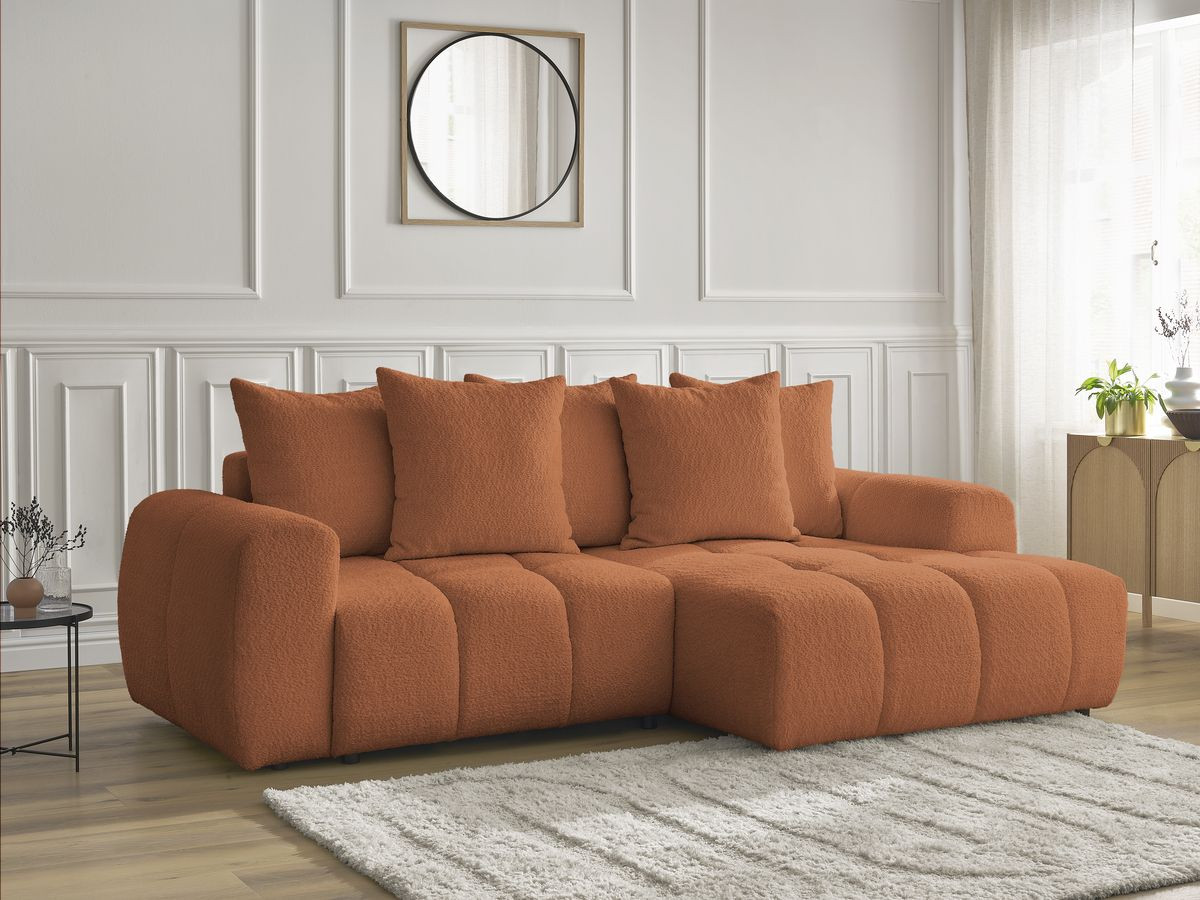 Bobochic Roxelane Ecksofa mit Schlaffunktion und Bettkasten 258 × 150 cm Bouclé-Stoff Orange Ecke rechts