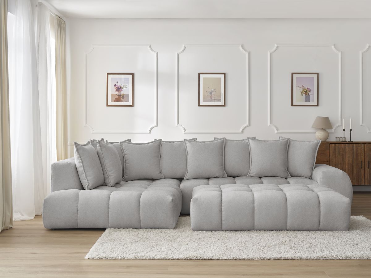 Bobochic Everest Ecksofa mit Schlaffunktion und Pouf, 10 Kissen Strukturstoff Hellgrau Ecke links
