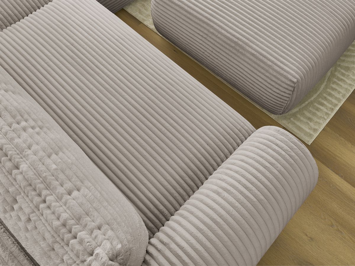 Bobochic Lucien Ecksofa mit Schlaffunktion und Bettkasten und Pouf 314 × 167 cm Breitcord weich Taupe Ecke rechts