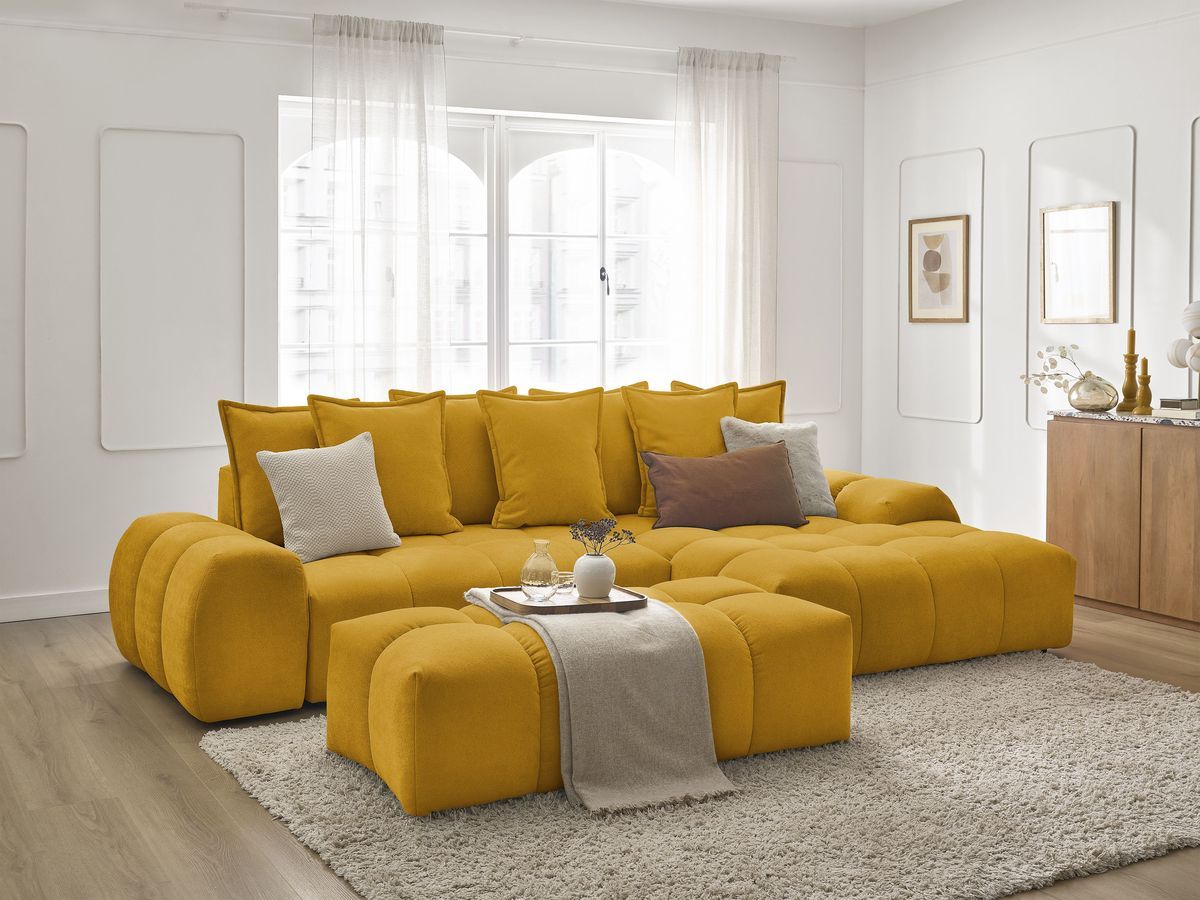 Bobochic Everest Ecksofa mit Schlaffunktion und Bettkasten und Pouf 318 × 180 cm, 7 Kissen Strukturstoff Gelb Ecke rechts