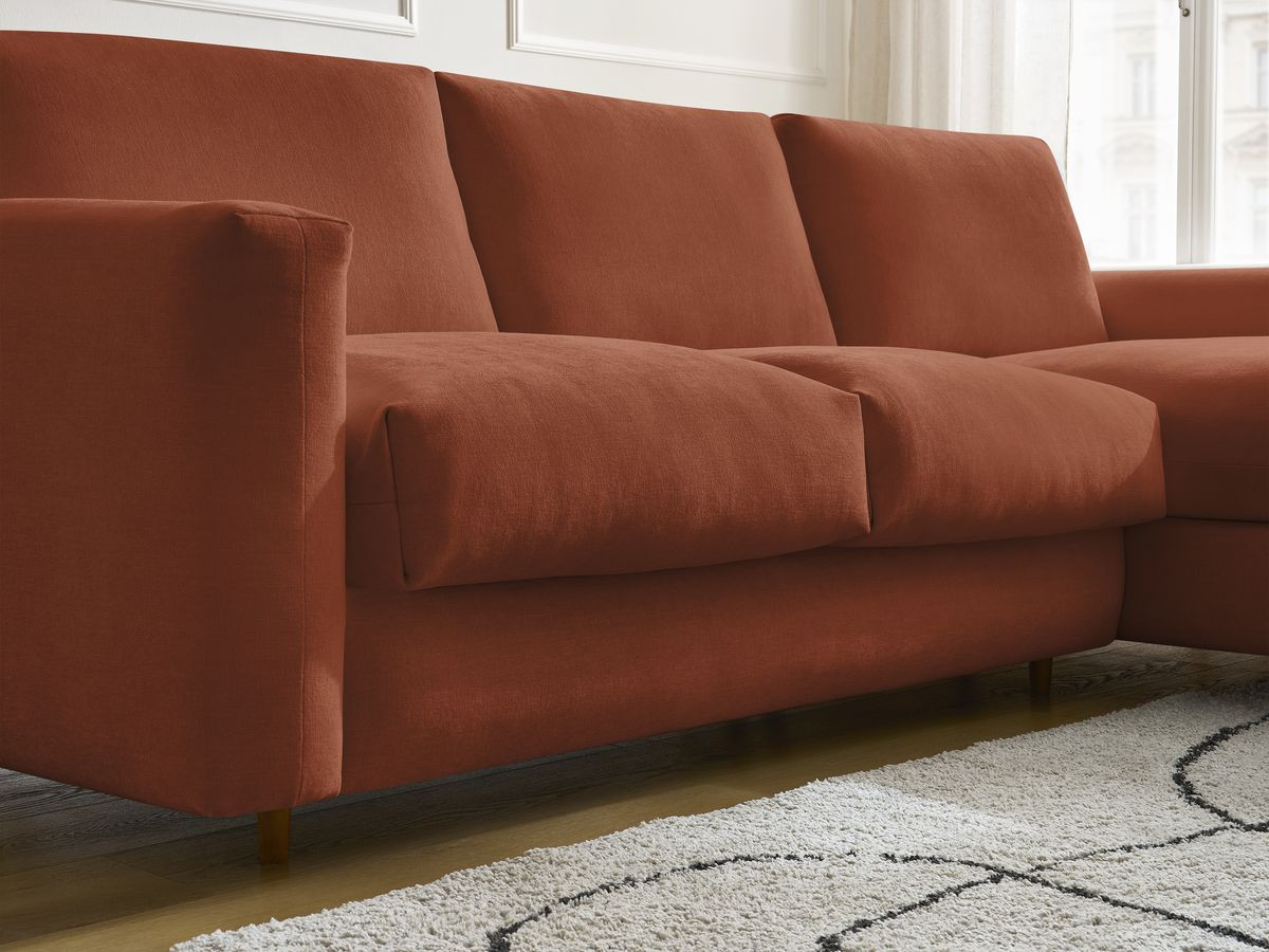 Bobochic Cocoone Ecksofa mit Schlaffunktion und Bettkasten Stoff Orange, Liegefläche 140 × 200 cm