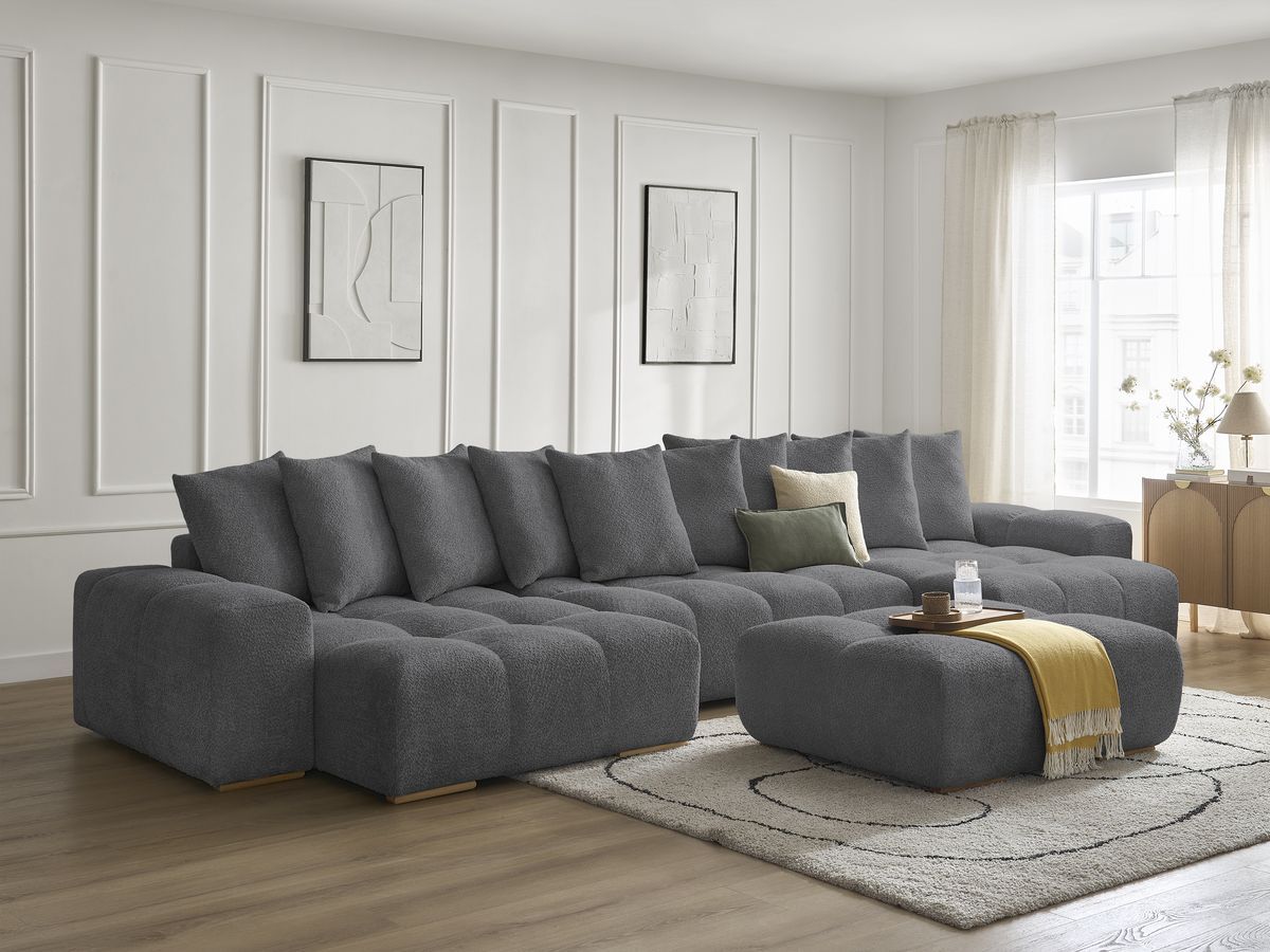 Bobochic Anakin Wohnlandschaft mit Pouf, Liegefläche 137 × 382 cm, 10 Kissen Bouclé-Stoff Dunkelgrau
