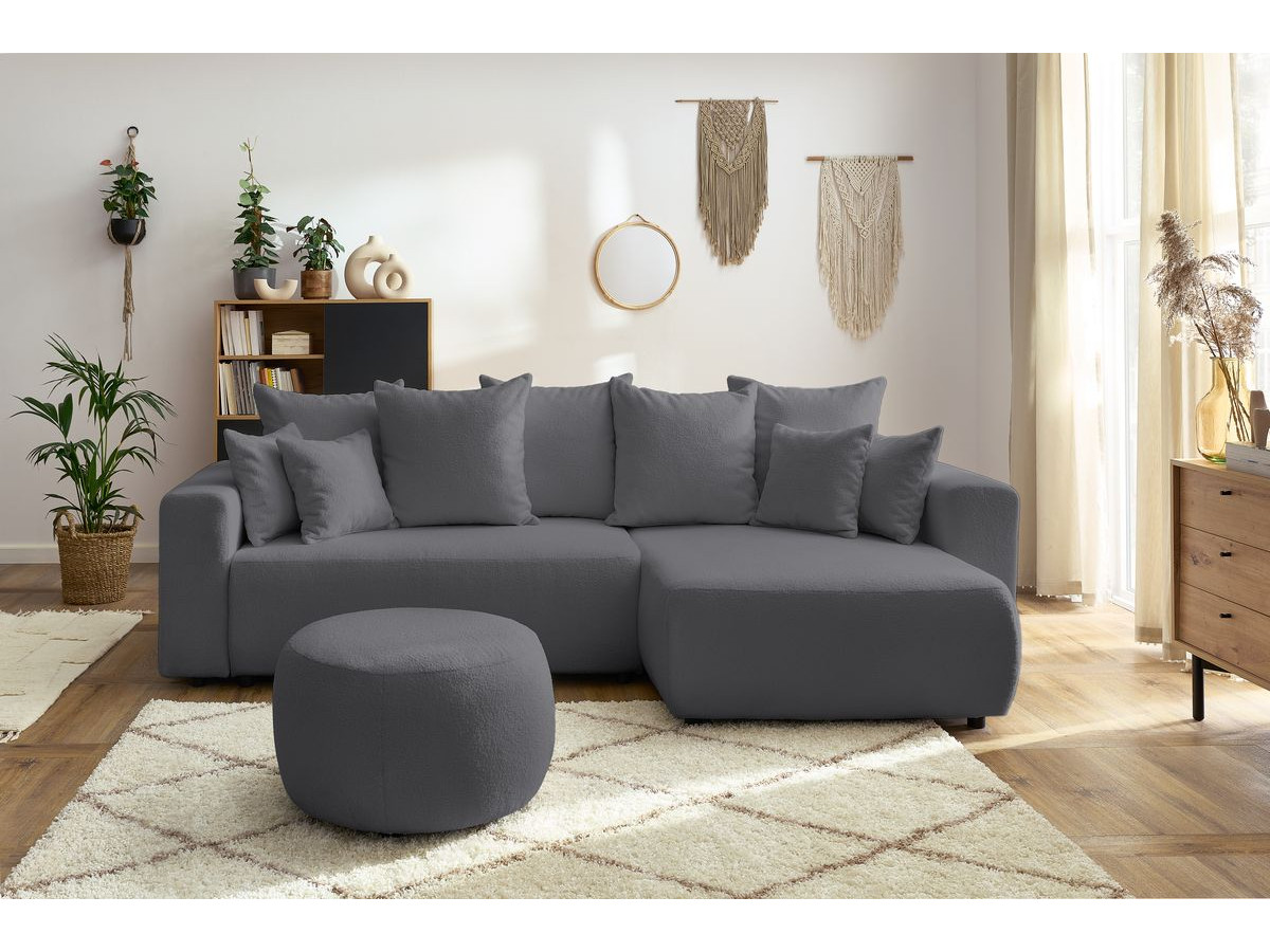Bobochic Envy Ecksofa mit Schlaffunktion und Bettkasten und rundem Pouf Bouclé-Stoff Dunkelgrau