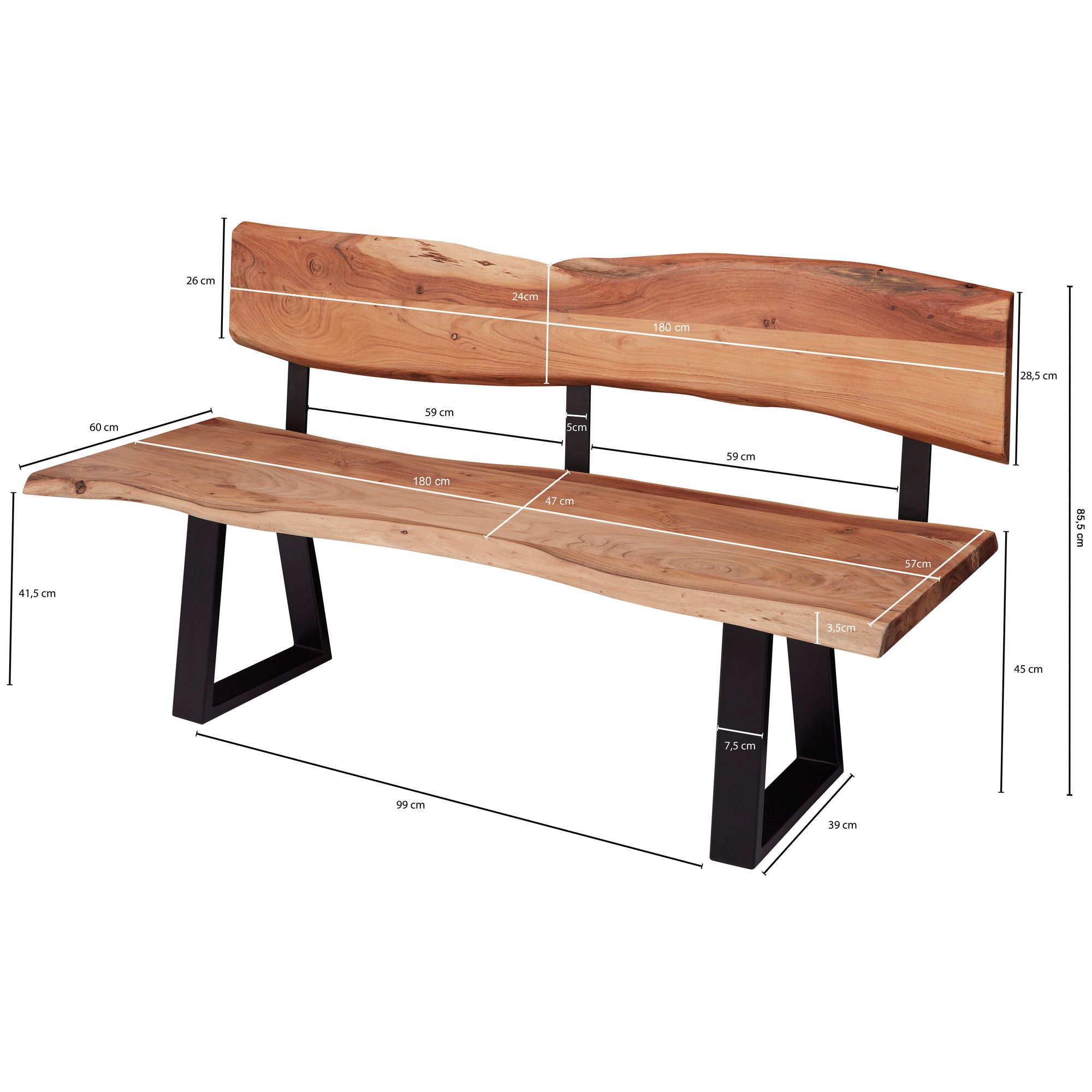 Essbank Baldur Akazie Massivholz 180 × 60 × 85,5 cm