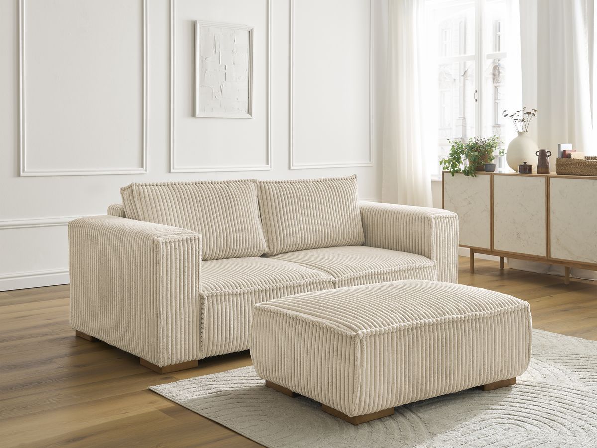 Bobochic Chelsea Sofa 3-Sitzer mit Pouf Breitcord weich Taupe