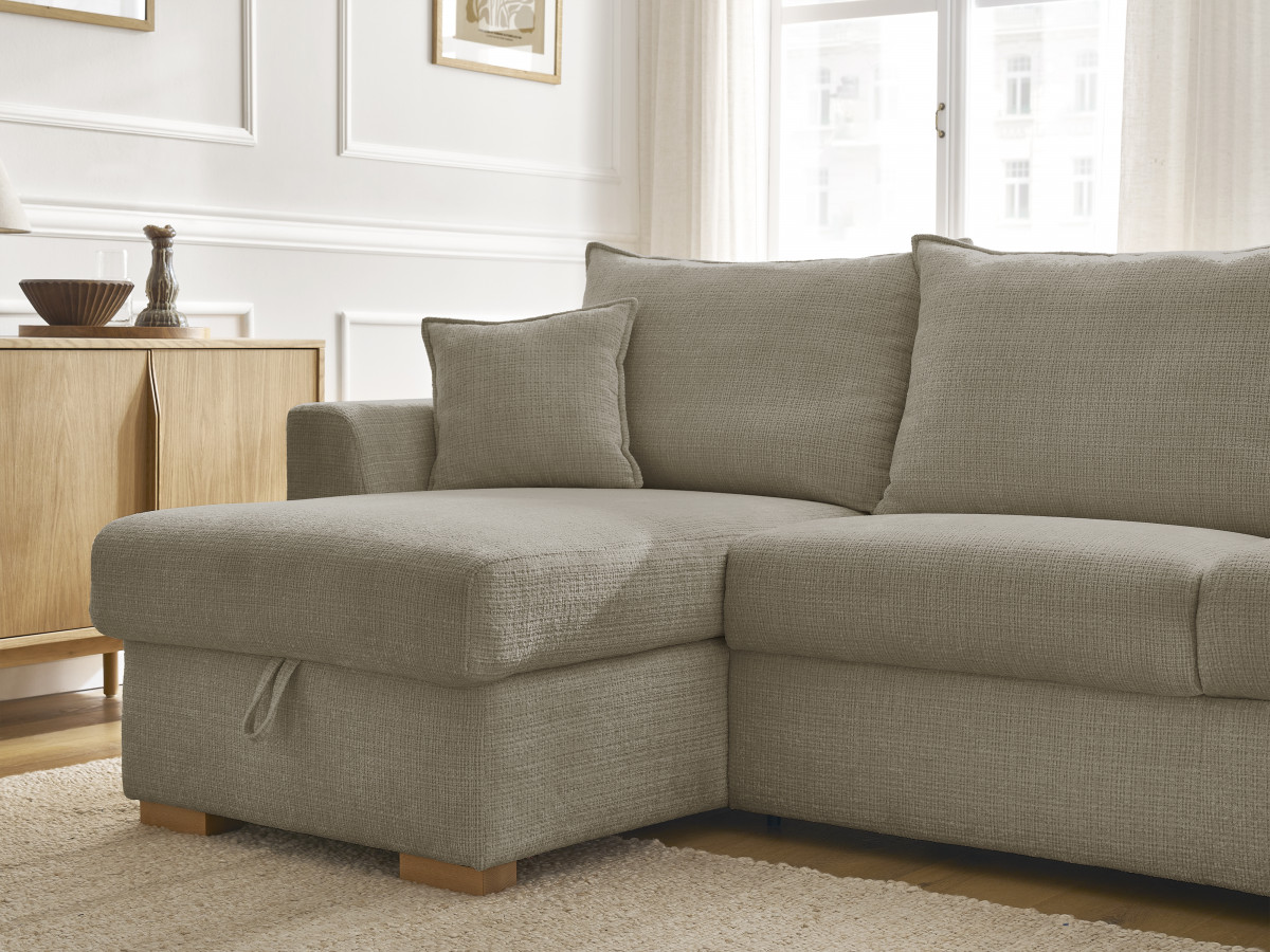 Bobochic Augustin Ecksofa mit Schlaffunktion und Bettkasten Strukturstoff Taupe, Liegefläche 140 × 200 cm