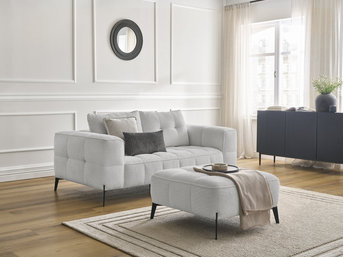 Bobochic Anis Sofa 2-Sitzer mit Pouf Bouclé-Stoff Hellgrau