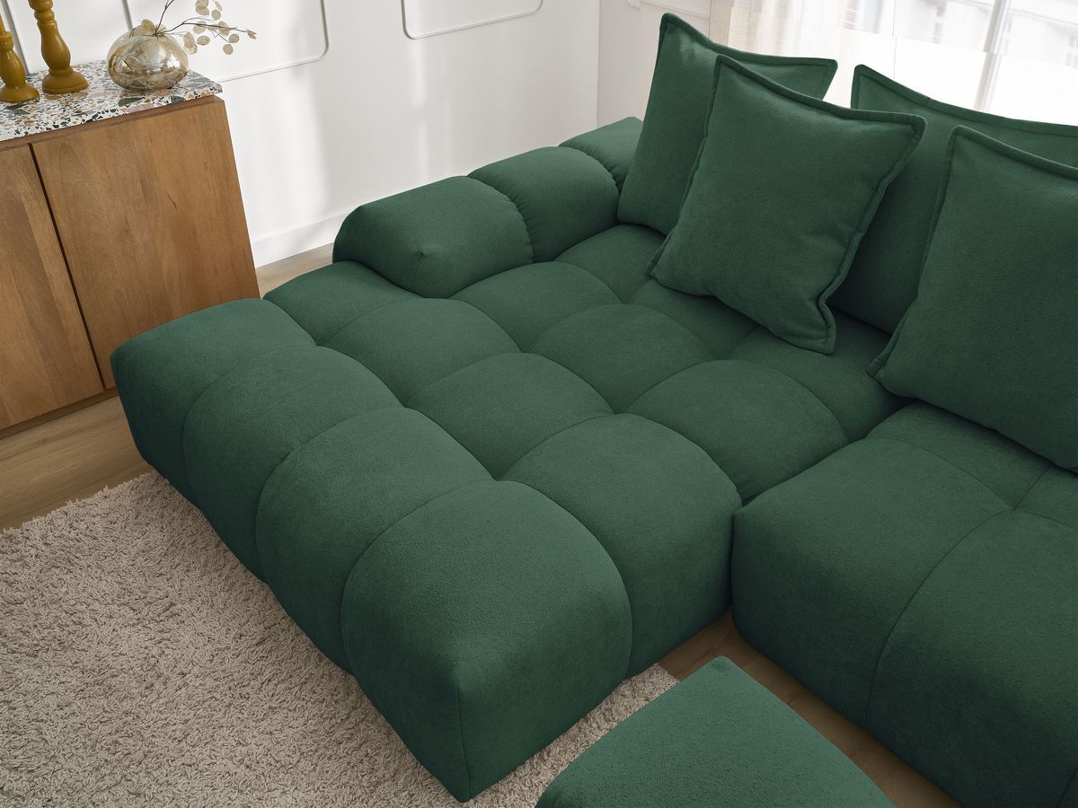 Bobochic Everest Ecksofa mit Schlaffunktion und Bettkasten und Pouf 318 × 180 cm, 7 Kissen Strukturstoff Grün Ecke links