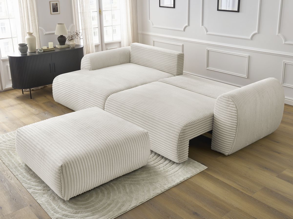 Bobochic Lucien Ecksofa mit Schlaffunktion und Bettkasten und Pouf 314 × 167 cm Breitcord weich Beige Ecke links