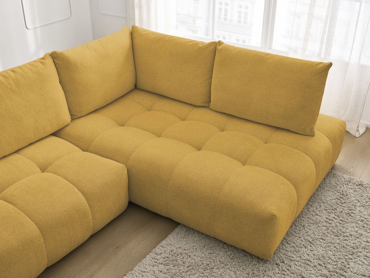 Bobochic Everest Ecksofa mit Schlaffunktion und Bettkasten 320 × 212 cm, 5 Kissen Melange-Stoff Gelb Ecke rechts