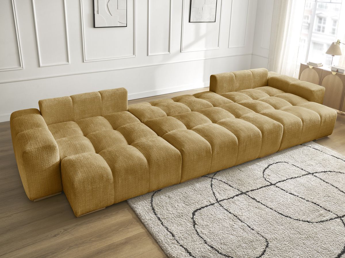 Bobochic Anakin Wohnlandschaft mit Pouf, Liegefläche 137 × 382 cm, 10 Kissen Strukturstoff Gelb