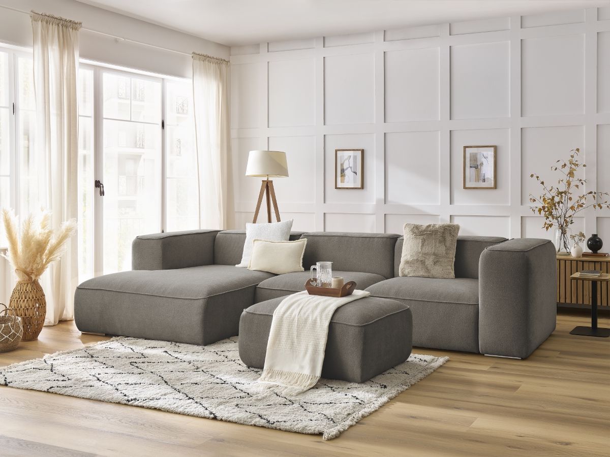 Bobochic Zephyr Ecksofa mit Pouf 349 × 165 cm Strukturstoff Taupe Ecke links