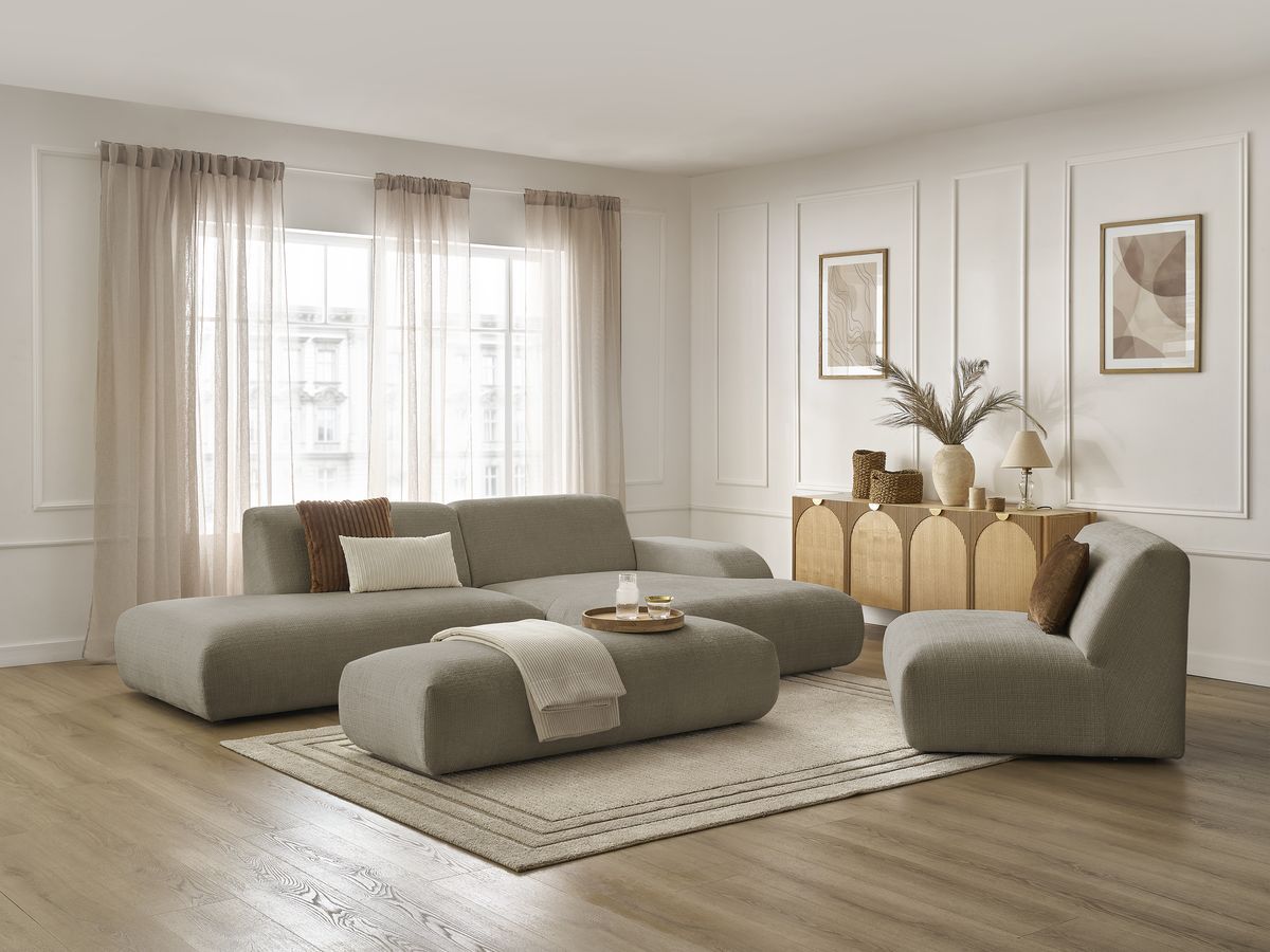 Bobochic Sirius Ecksofa mit Pouf 405 × 170 cm Strukturstoff Taupe Ecke rechts