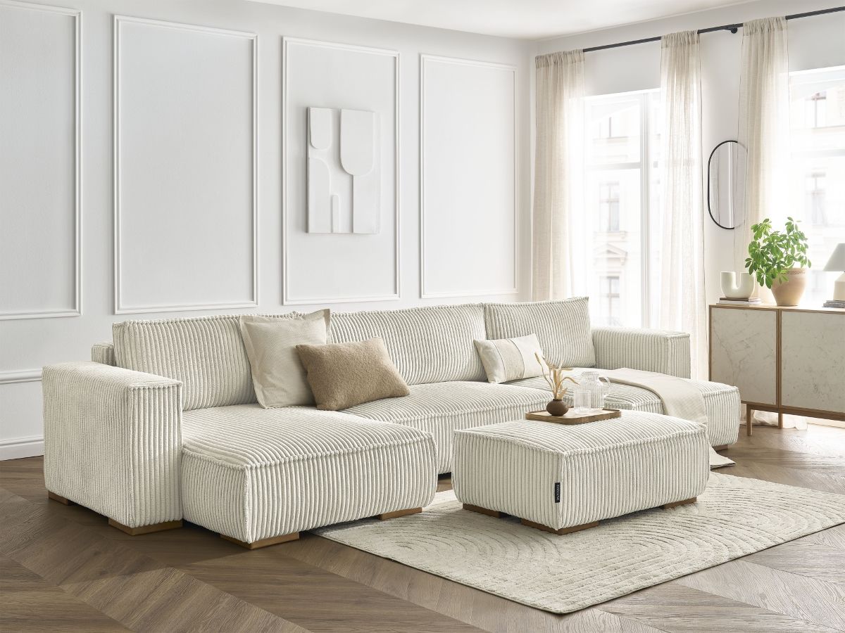 Bobochic Chelsea Wohnlandschaft mit Pouf Breitcord weich Beige