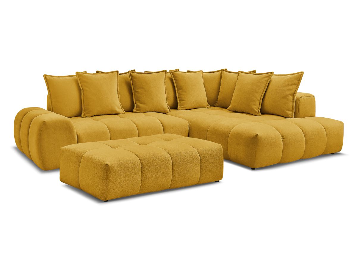 Bobochic Everest Ecksofa mit Schlaffunktion und Bettkasten und Pouf 320 × 212 cm, 10 Kissen Strukturstoff Gelb Ecke rechts