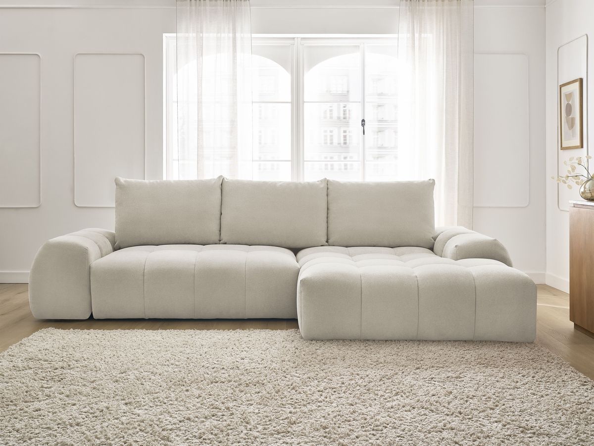 Bobochic Everest Ecksofa mit Schlaffunktion und Bettkasten 318 × 180 cm, 3 Kissen Strukturstoff Beige Ecke rechts