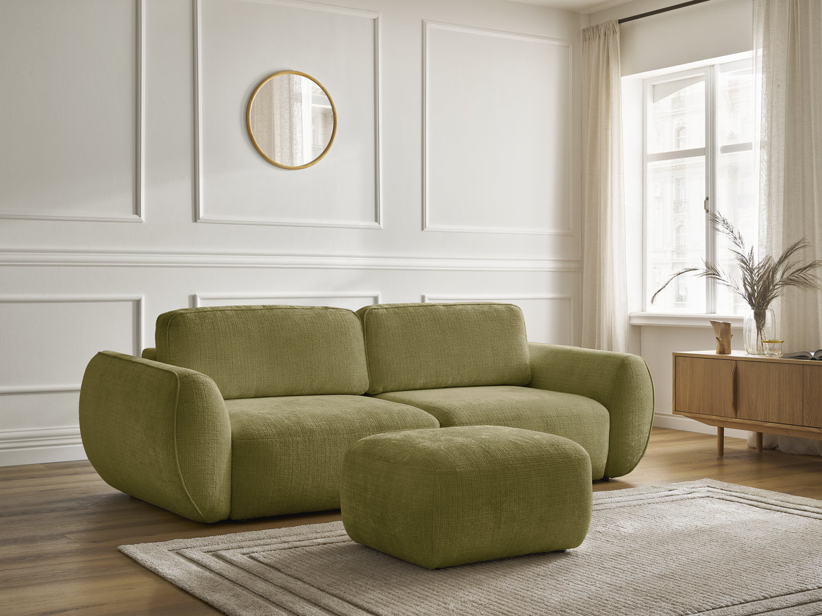 Bobochic Denise Schlafsofa 3-Sitzer mit Bettkasten und Pouf Strukturstoff Grün