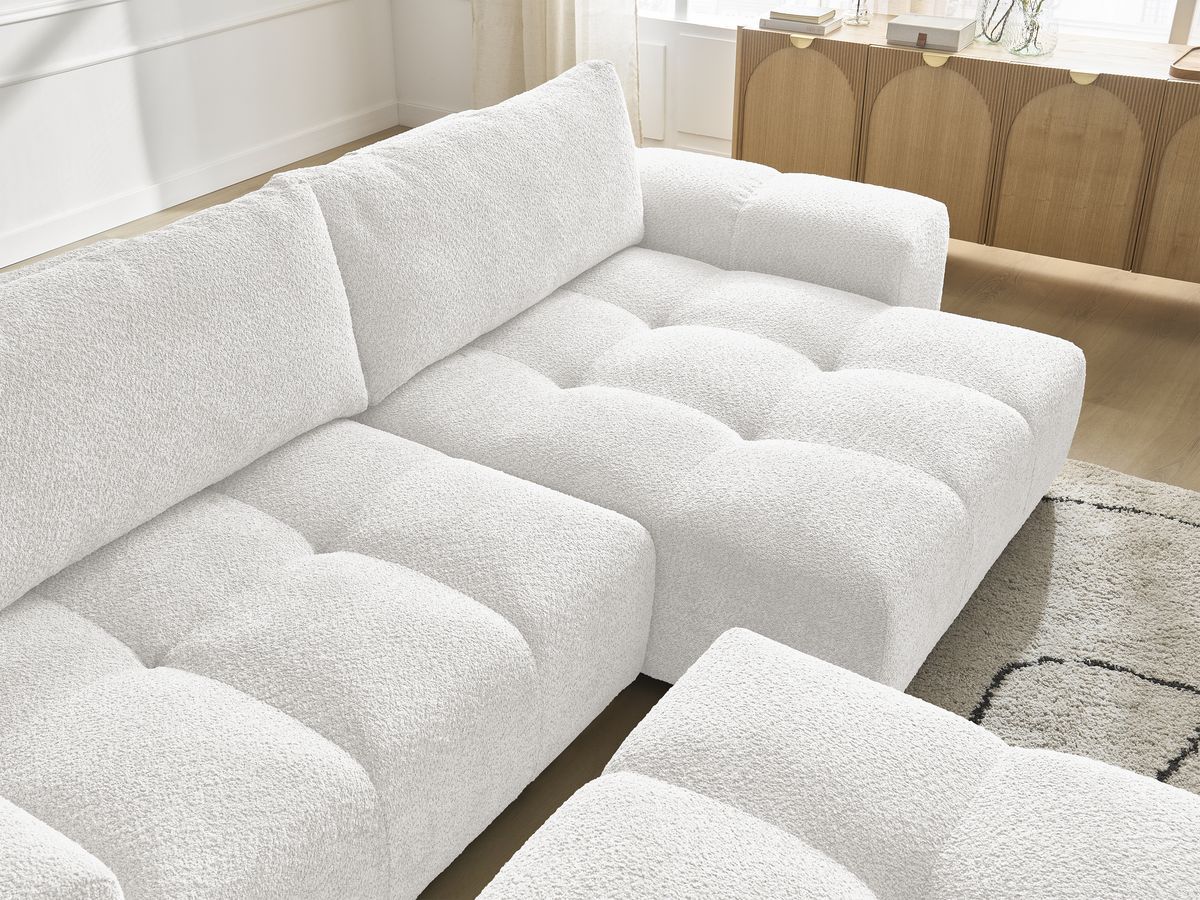 Bobochic Anakin Ecksofa mit Pouf, 2 Kissen Bouclé-Stoff Weiß