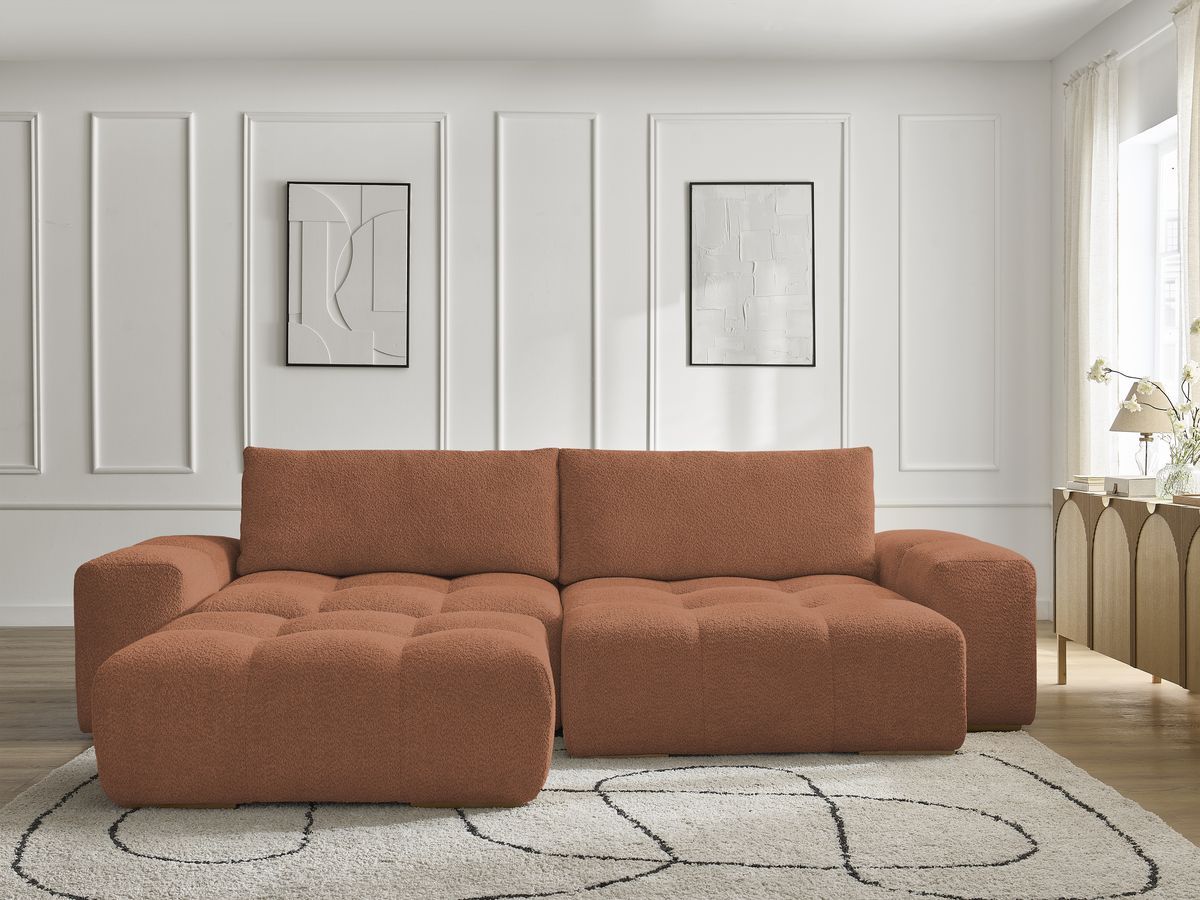 Bobochic Anakin Ecksofa mit Pouf, 2 Kissen Bouclé-Stoff Orange