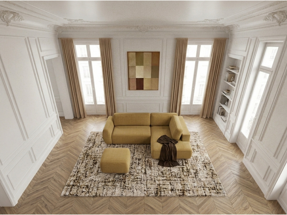 Bobochic Denise Ecksofa mit Schlaffunktion und Bettkasten und Pouf 256 × 197 cm Strukturstoff Gelb Ecke rechts