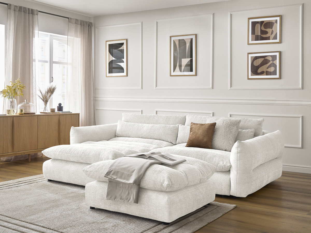 Bobochic Neil Ecksofa mit Pouf Strukturstoff Weiß Ecke links