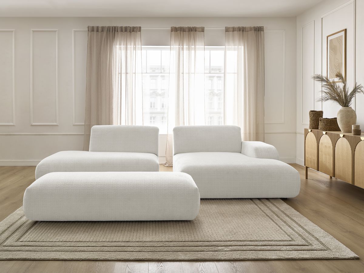 Bobochic Sirius Ecksofa mit Pouf 300 × 170 cm Strukturstoff Weiß Ecke rechts