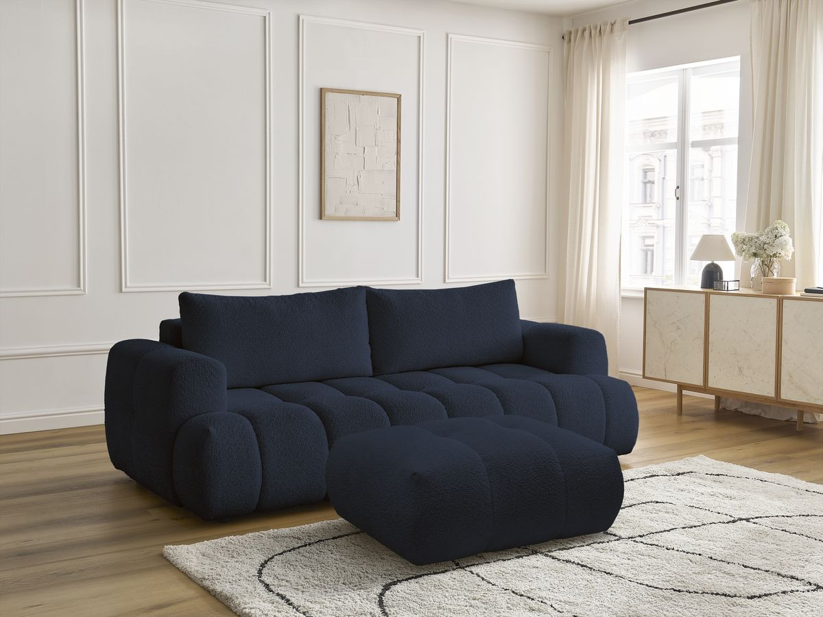 Bobochic Fuji Schlafsofa 3-Sitzer mit Bettkasten und Pouf Bouclé-Stoff Dunkelblau