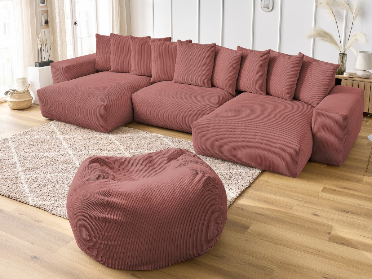 Bobochic Voltaire Wohnlandschaft mit Pouf 420 × 174 cm Cordsamt Rosa