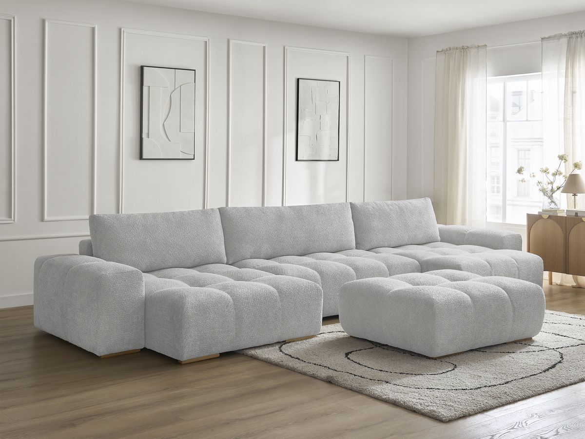Bobochic Anakin Wohnlandschaft mit Pouf, 3 Kissen Bouclé-Stoff Hellgrau