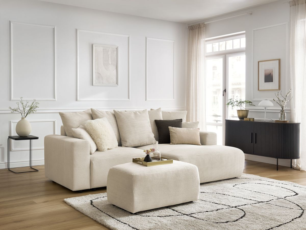Bobochic Atilla Ecksofa mit Schlaffunktion und Bettkasten und Pouf Cordsamt Beige Ecke rechts