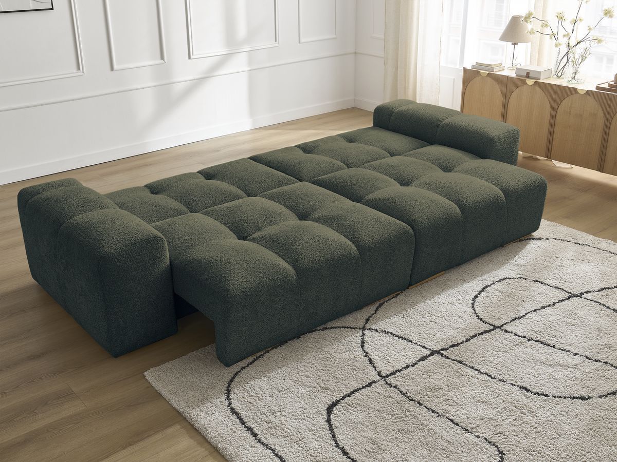 Bobochic Anakin Schlafsofa 3-Sitzer mit Bettkasten, 6 Kissen Bouclé-Stoff Grün