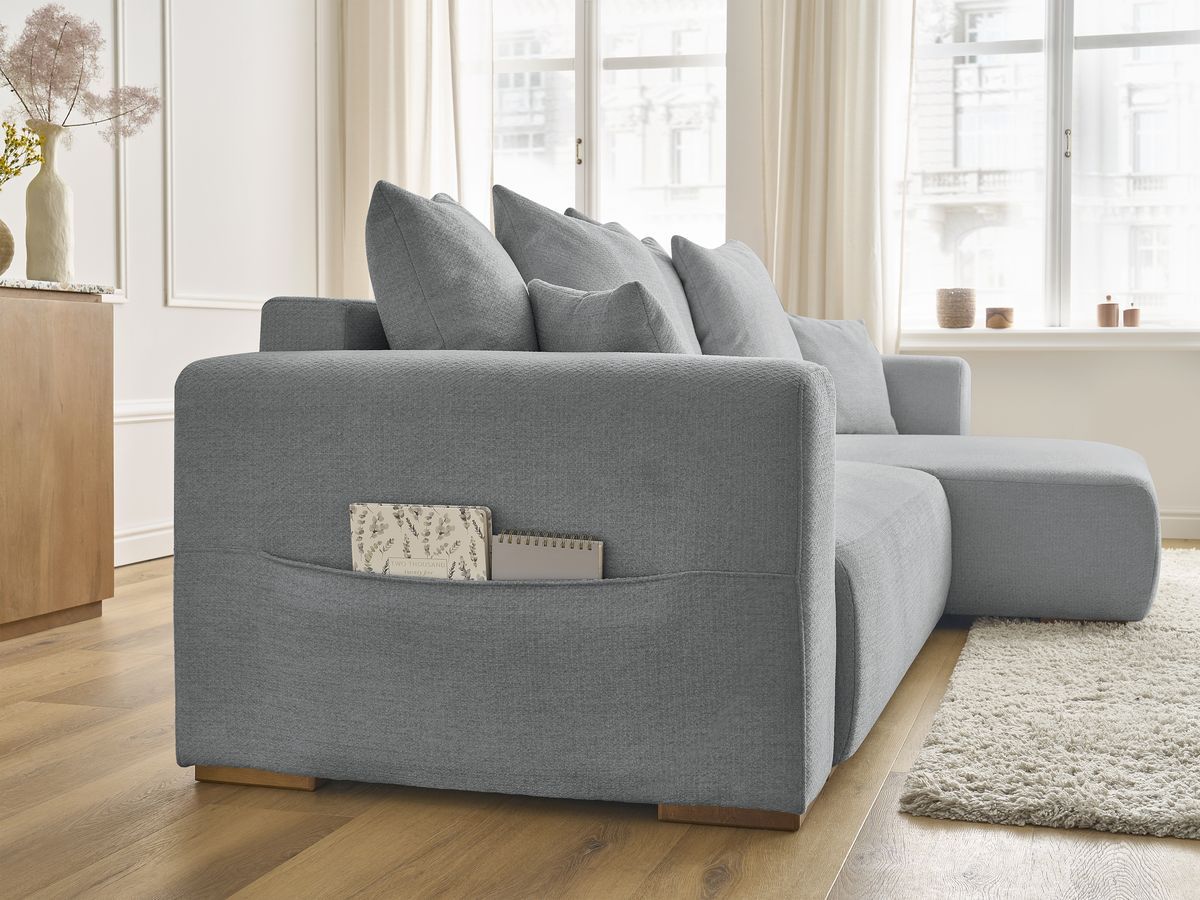 Bobochic Sidonie Ecksofa mit Schlaffunktion und Bettkasten Melange-Stoff Dunkelgrau