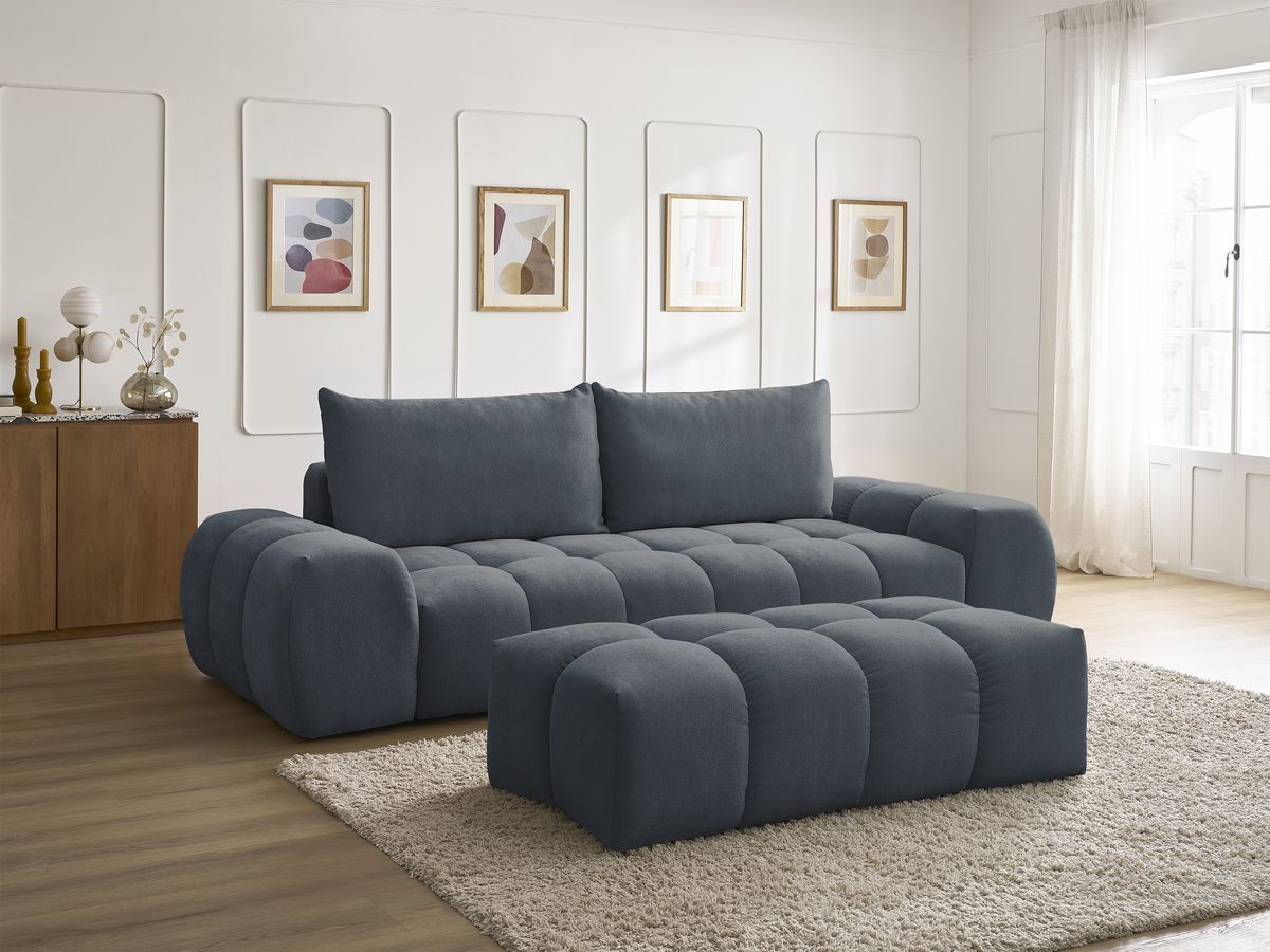 Bobochic Everest Sofa 3-Sitzer mit Pouf, 2 Kissen Strukturstoff Dunkelblau