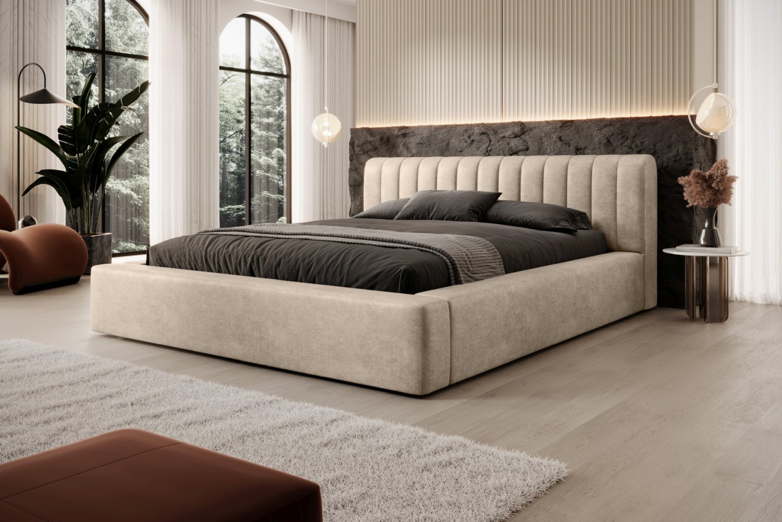 Polsterbett Faroa Samtstoff 140x200 mit Metallrahmen Macau Sand