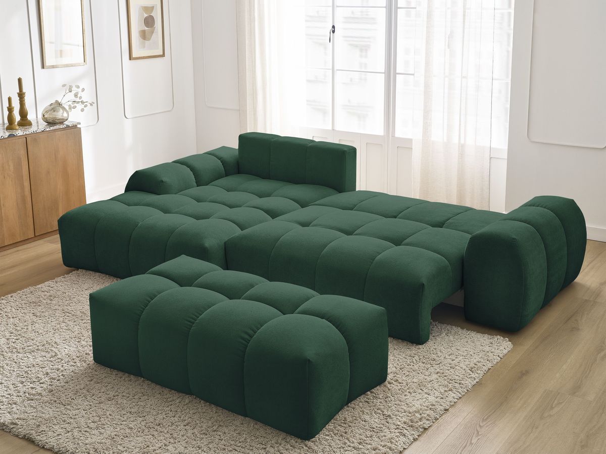 Bobochic Everest Ecksofa mit Schlaffunktion und Bettkasten und Pouf 318 × 180 cm, 3 Kissen Strukturstoff Grün Ecke links