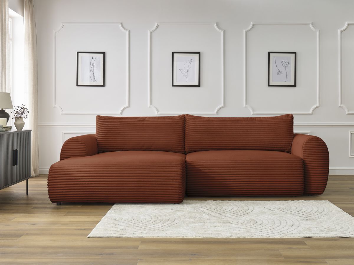 Bobochic Lucien Ecksofa mit Schlaffunktion und Bettkasten 314 × 167 cm Breitcord weich Orange Ecke links