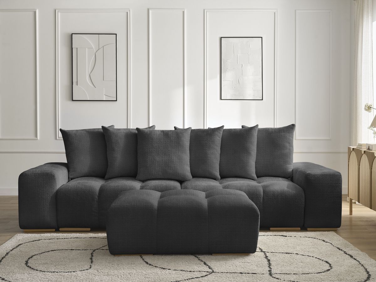 Bobochic Anakin Sofa 3-Sitzer mit Pouf, 6 Kissen Strukturstoff Schwarz