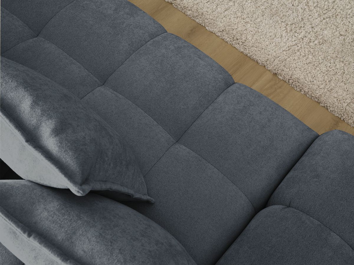 Bobochic Everest Ecksofa mit Schlaffunktion und Bettkasten und Pouf 318 × 180 cm, 7 Kissen Strukturstoff Blau Ecke rechts