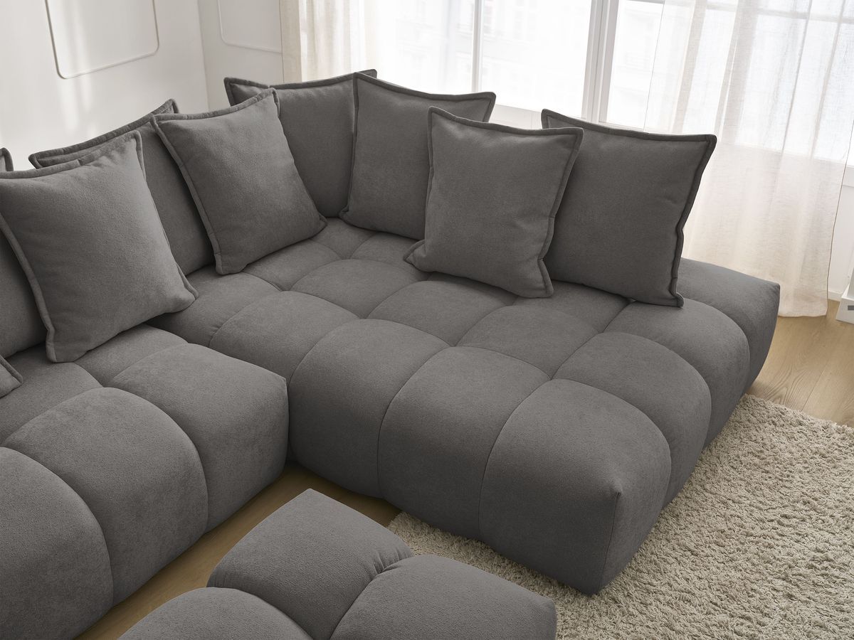Bobochic Everest Ecksofa mit Schlaffunktion und Bettkasten und Pouf 320 × 212 cm, 10 Kissen Strukturstoff Dunkelgrau Ecke rechts