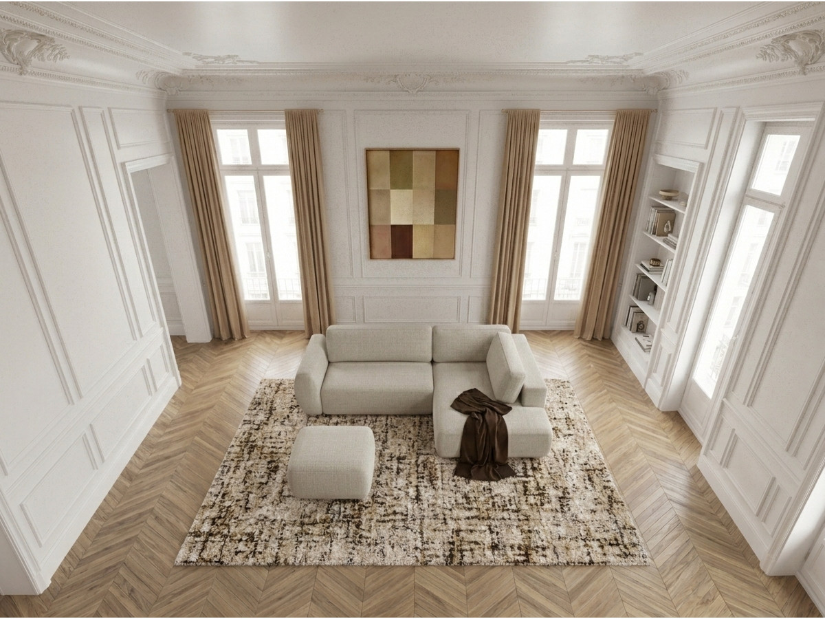 Bobochic Denise Ecksofa mit Schlaffunktion und Bettkasten und Pouf 256 × 197 cm Strukturstoff Beige Ecke rechts