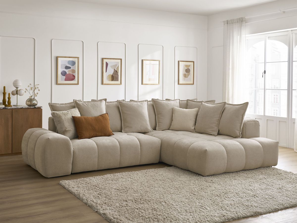 Bobochic Everest Ecksofa mit Schlaffunktion und Bettkasten 320 × 212 cm, 10 Kissen Strukturstoff Taupe Ecke rechts