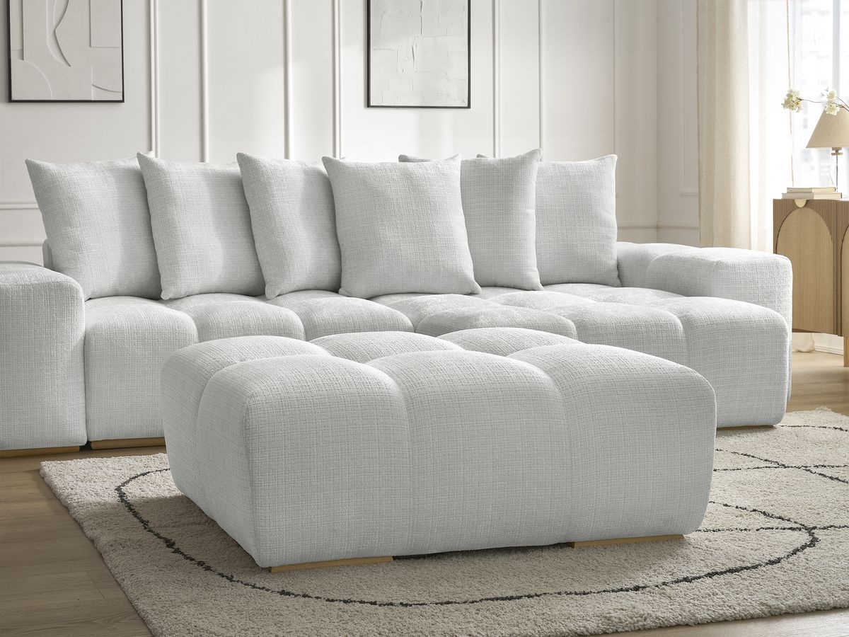 Bobochic Anakin Ecksofa mit Schlaffunktion und Bettkasten und Pouf, 6 Kissen Strukturstoff Hellgrau