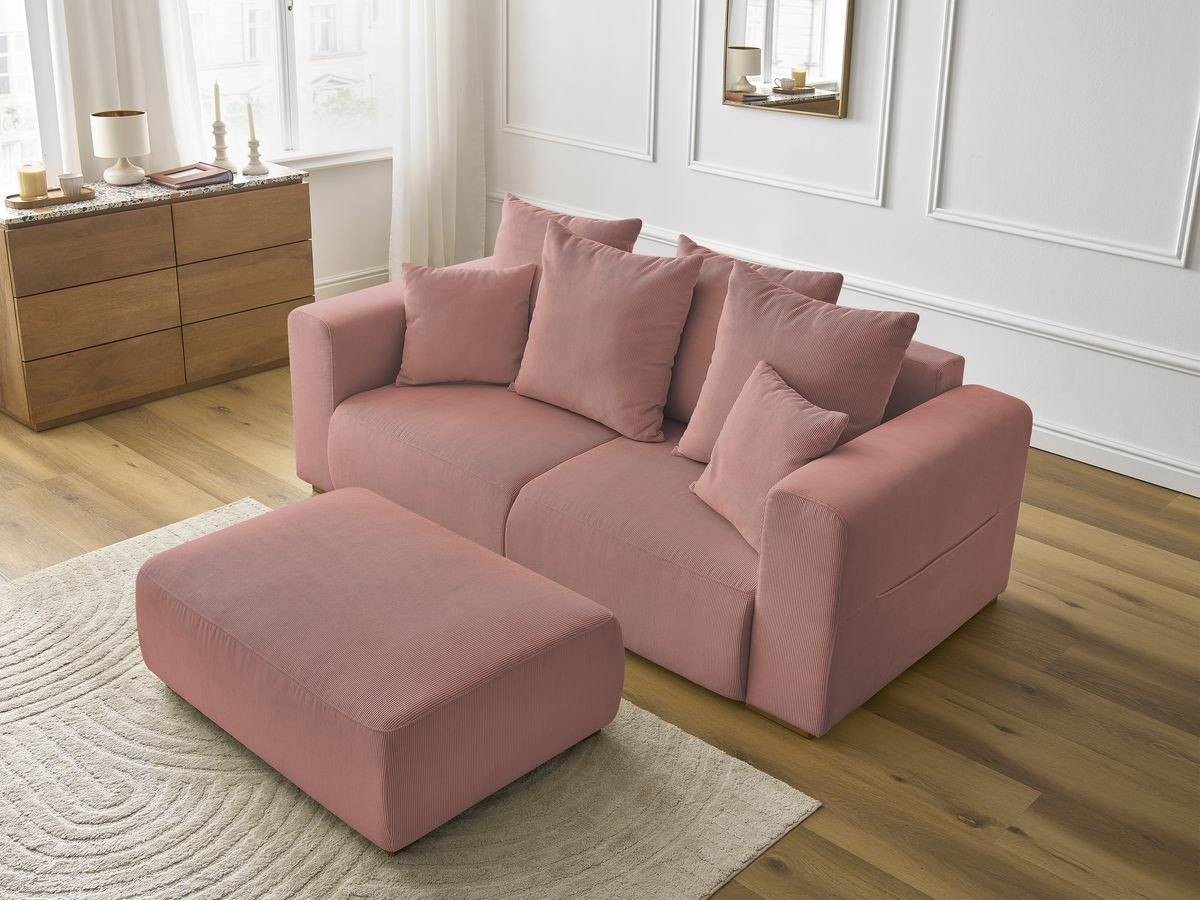 Bobochic Sidonie Sofa 3-Sitzer mit Pouf Cordsamt Rosa