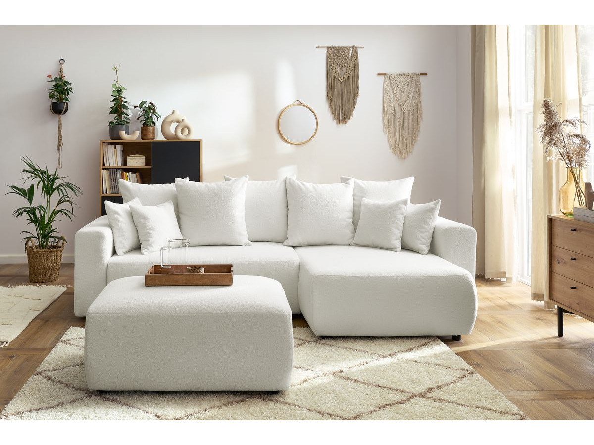 Bobochic Envy Ecksofa mit Schlaffunktion und Bettkasten und rechteckigem Pouf Bouclé-Stoff Weiß