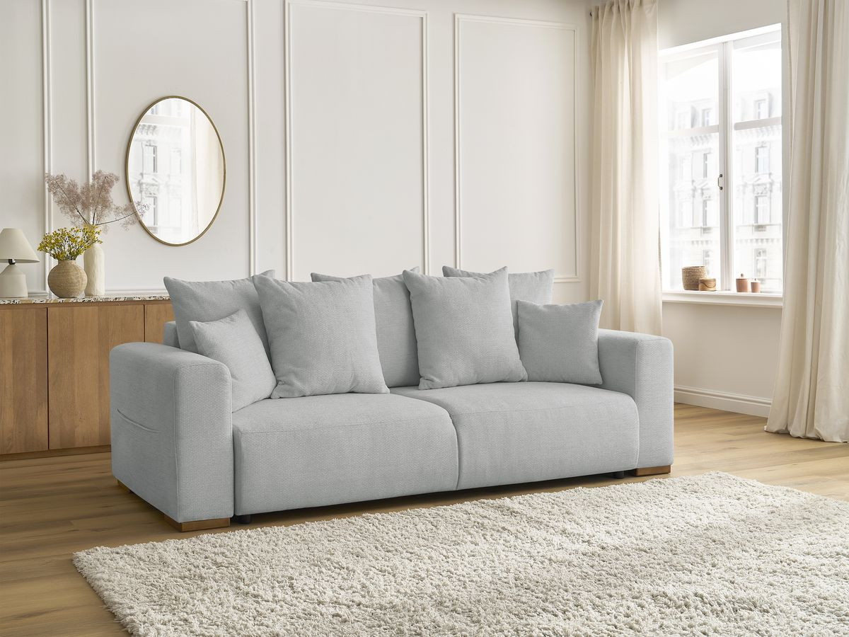 Bobochic Sidonie Schlafsofa 3-Sitzer mit Bettkasten Melange-Stoff Hellgrau