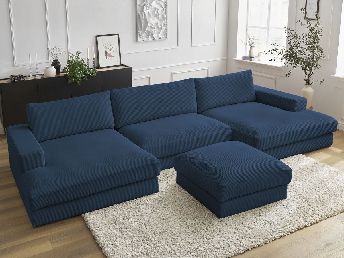 Bobochic Leonard Wohnlandschaft mit Pouf 349 × 159 cm Cordsamt Dunkelblau