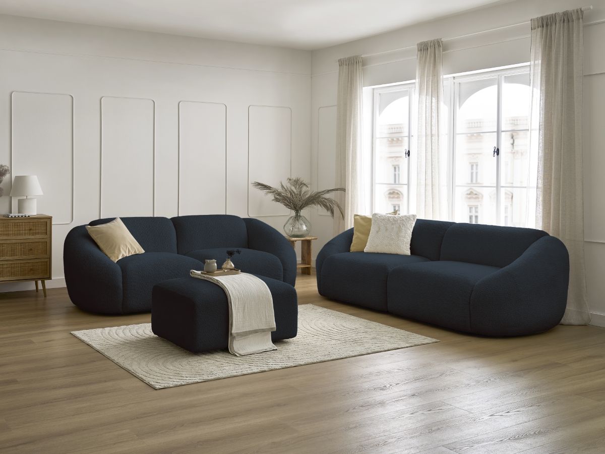 Bobochic Tina Sofa 6-Sitzer mit Pouf Bouclé-Stoff Dunkelblau